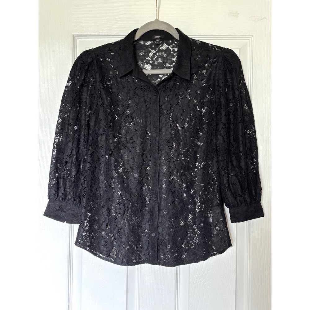 Express Black Floral Lace Button Down Blouse 3/4 Puff Sleeve Top Size Large